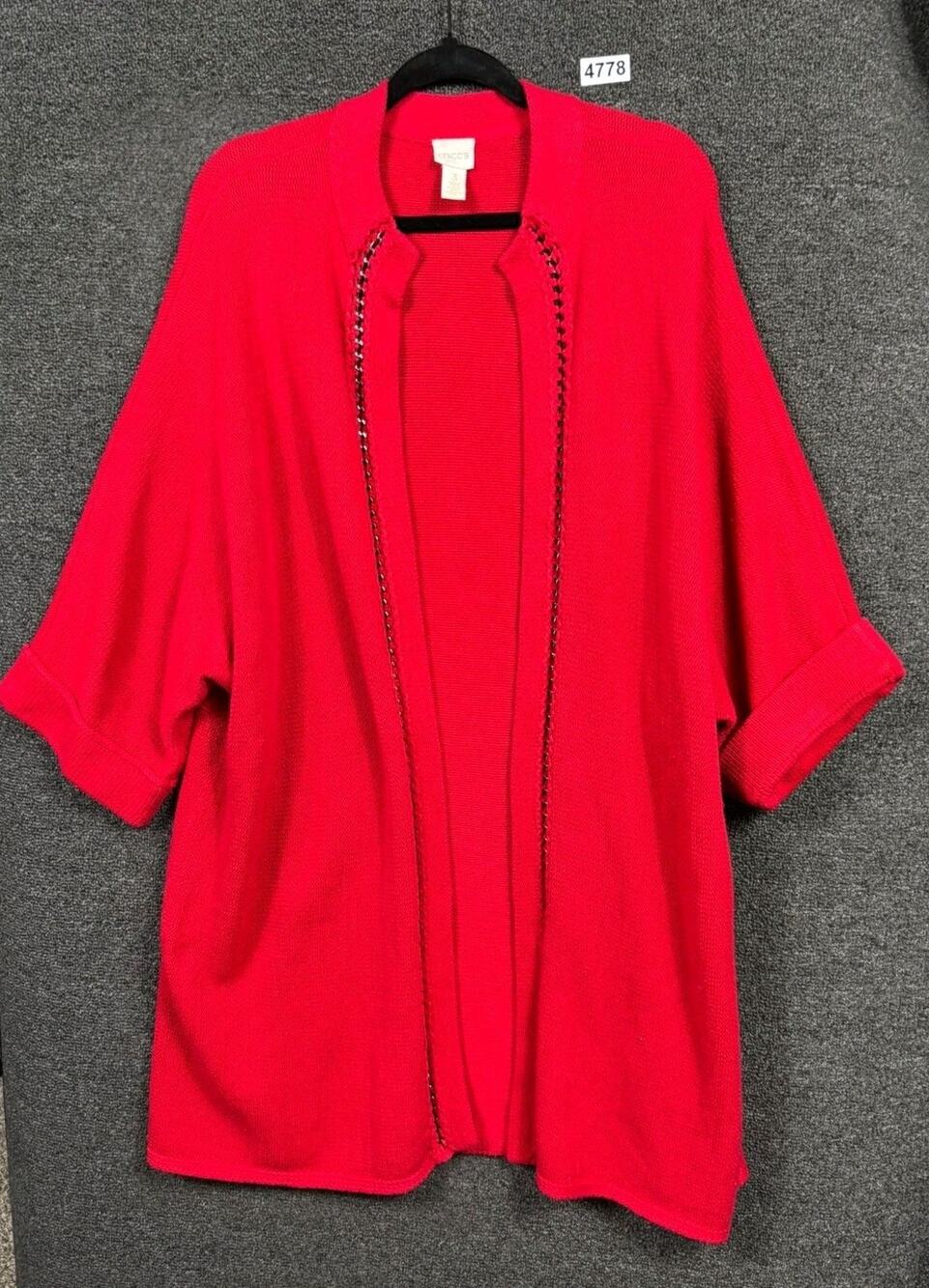 Chico's Crochet Chain Cullen Cardigan Knit Sweater Size 3 US XL Red 3/4 Sleeve